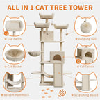 68.5 in Multi-Level Cat Tree for Indoor Cats Large Adult Heavy Duty Cat Tower for Large Cats with 2 Condos/Plush Perches/Sisal Scratching Posts/Hammocks/Basket/Dangling Balls, #2605 Beige