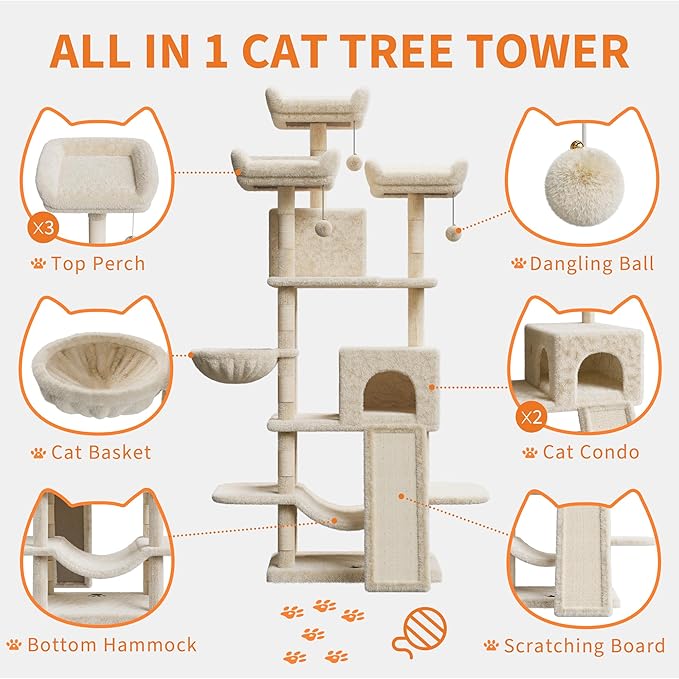 68.5 in Multi-Level Cat Tree for Indoor Cats Large Adult Heavy Duty Cat Tower for Large Cats with 2 Condos/Plush Perches/Sisal Scratching Posts/Hammocks/Basket/Dangling Balls, #2605 Beige