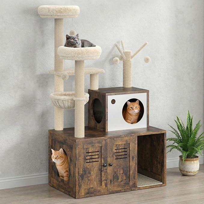 Modern Cat Tree with Hidden Litter Box Cabinet – Multi-Level Cat Condo with Scratching Posts, Perches, Hammock & Basket, Brown