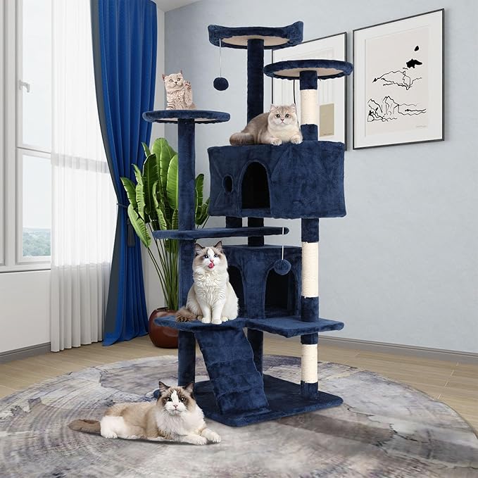 54" Multi-Level Cat Tree Tower with Scratching Posts, Toys & Condo - Space-Saving Design for Indoor Kittens, Compact Floor Footprint & Vertical Space for Multi-Cat Homes-Navy Blue