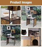 Cat Tower with Litter Box Enclosure, Wooden Cat Tree Tower with Scratching Post, Sturdy Metal Frame Cat Furniture with Adjustable Bed & Anti-Tipping Design, Mobile Cat Condo for Indoor Cats