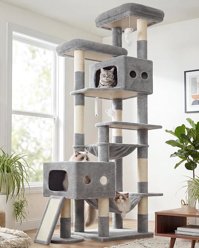 Globlazer Multi-Level Extra Large Tall Cat Tower 83 inch Sturdy Heavy Duty Cat Tree for Indoor Large Adult Cats Kittens with 2 Cat Condo, 8 Scratching Post, 2 Hammock, S83G, Light Grey