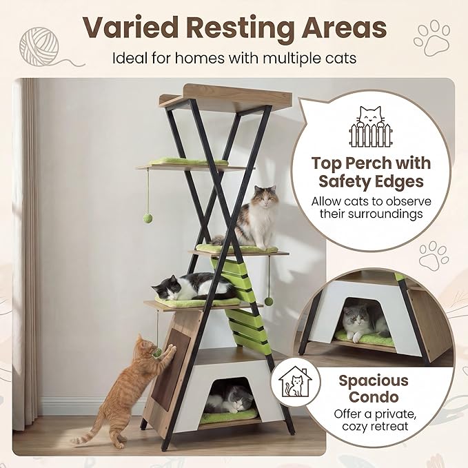 Tangkula 73 Inch Tall Cat Tree, Modern Wood Cat Tower with Scratching Pad, Extra-Large Perch & Removable Washable Mats, 3 Pompoms, Multi-Level Cat Furniture for Indoor Cats Large Adult (Green)