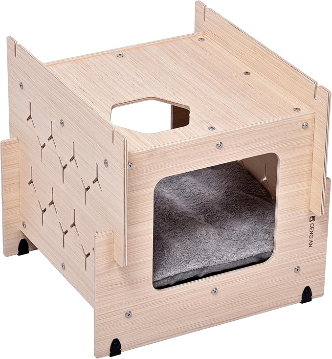 Wooden Cat Condo with Cushion,Cat Bed,Natural Wood Cat Tower with Scratching Post,Multi-Level Cat Tree House (CB-001)