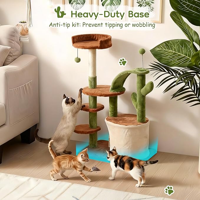 Cactus Cat Tree for Indoor Cats, Multi-Level Cat Tree Tower with Sisal Scratching Posts, Stable Cat Condo with Perches and Steps, 36.6", Brown