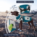 IECOii Dog Winter Coat with Harness Built in, Waterproof Windproof Dog Coats for Large Dogs, Thermal Fleece Cold Weather Jackets with Zip, Outdoor Warm Snow Jacket Reflective, Turquoise Green, XXXL