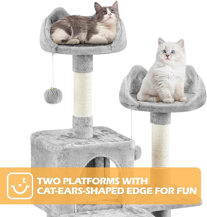 Topeakmart Cat Tree, 82.5in Climbing Tower with 2 Kitten-Ear-Style Top Perches, Hammock, Basket, Scratching Posts, Multilevel Pet Furniture Activity Center for Indoor Felines, Light Gray