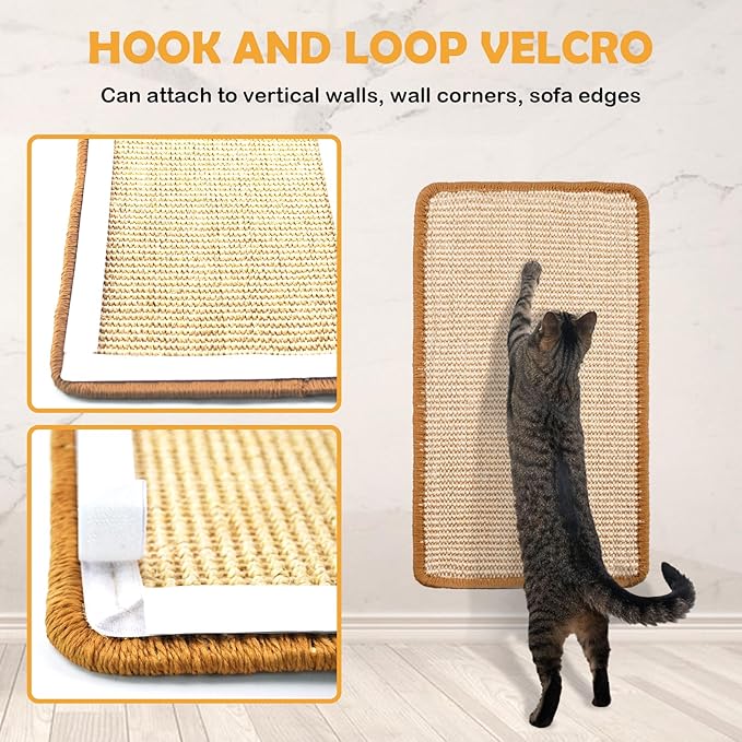 Cat Scratcher Mat,19.68 x 9.84 Inch Sisal Cat Scratching Pad Rug with Hook and Loop Sticky Cat Scratch Wall Mat Protect Carpet Sofa Floor Door