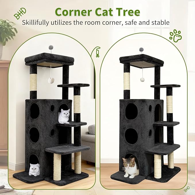 Cat Tree Tower for Indoor Cats, Adult Cat Tree House for Large Adult Cats with Steps, Scratching Post, 3 Cat Caves, Dangling Toys (Dark Gray)
