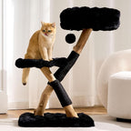 HITTITE Natural Solid Wood Cat Tree Tower with Scratching Post, 32 Inches Tall Modern Cat Tower with Cozy Bed and Platforms, Luxury Real Branch Cat Tree for Indoor Cats Large Adult, Black.
