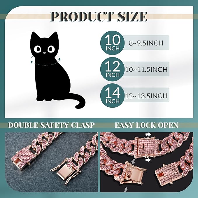 Xuniea 2 Pieces Cat Dog Chain Collar and Sunglasses Set Rhinestone Necklace with Secure Buckle Round Glasses for Doll Cat Dog Pet Accessories(12 Inch,Rose Gold, Pink)