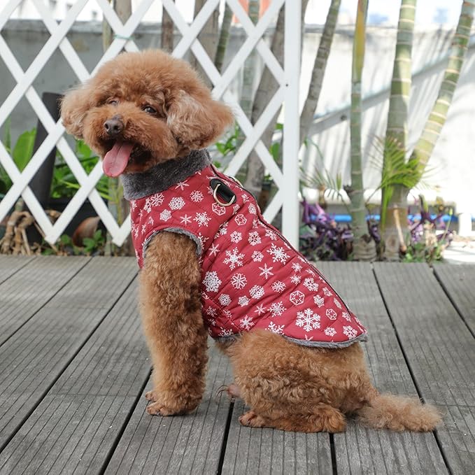 Warm Fleece Dog Coats with Durable Harness Buitl in D-Ring,Waterproof Puppy Jacket for Small Dogs,Dog Vest for Cold Winter,Red,Snow Pattern XS