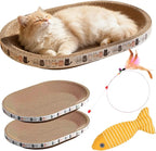 Cat Scratcher Bed with Toys, 2 Pack Oval Cat Scratcher Cardboard, Indoor Cat Scratch Bowl, Large Pad Cat Scratching Board with Catnip Fish Toy & Feather Wand for Furniture Protector