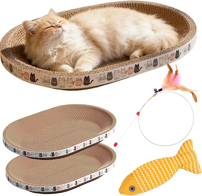 Cat Scratcher Bed with Toys, 2 Pack Oval Cat Scratcher Cardboard, Indoor Cat Scratch Bowl, Large Pad Cat Scratching Board with Catnip Fish Toy & Feather Wand for Furniture Protector