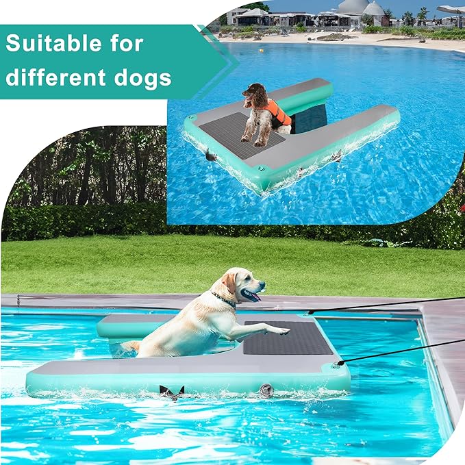 Inflatable Dog Water Ramp, High Stability Floating Ladder, Inflatable Non-Slip Steps, Mint Green Raft- Portable and Durable for Pools, Lakes, Docks and Boats（Up to 230lbs）
