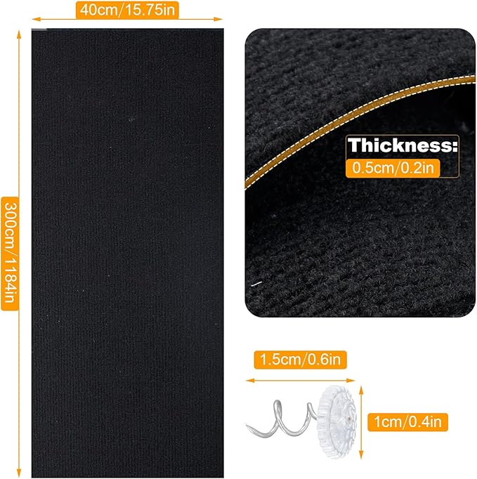 Large Cat Scratching Mat, 118"x15.8" Self-Adhesive Scratch Furniture Protector, Trimmable DIY Wall Climbing Carpet, Couch Protector, Scratching Pad Replacement (Black, 118"x15.8")