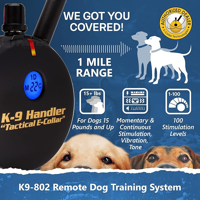 Educator K9-802 Two Dogs K9 Handler Professional E-Collar Training Collar with Remote - Up to 1 Mile Range, Waterproof, Rechargeable, 100 Stimulation Levels, Vibration, Tone, 33-Inch Bungee Collar