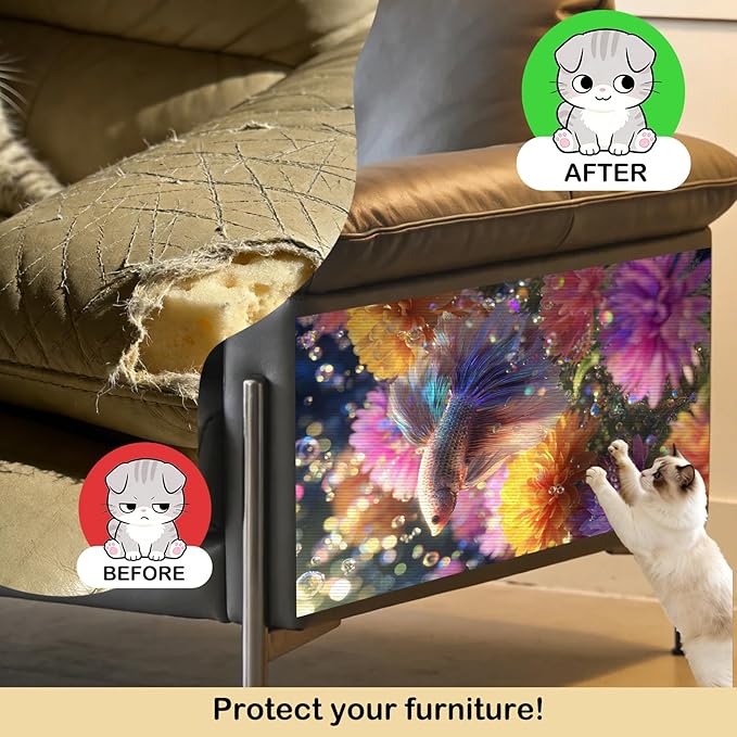 Nuxovilar Cat Scratching Mat 15.3x23.6 Inches Polyester Synthetic Fiber, Colorful Betta Fish & Flowers Print, wall cat Scratcher, Scratch pad, Home Decor, Fish Tank Area, Bedroom (2pcs)