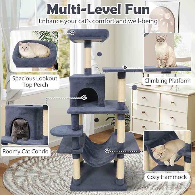 Tangkula 58 Inch Cat Tree Tower, Multi-Level Cat Tower with Sisal Scratching Posts, Padded Top Perch, Condo & Hammock, 3 Hanging Balls, Jumping Platforms for Indoor Cats (Gray)
