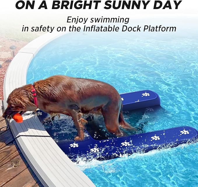 Inflatable Dock Platform, Dog Boat Ramp Floating Non-Slip Oxford and PVC with Water Ramp for Dogs Pool, Dock, Lake with Traction Rope, Manual Air Pump (4.7ft x 3ft x 6in) Blue
