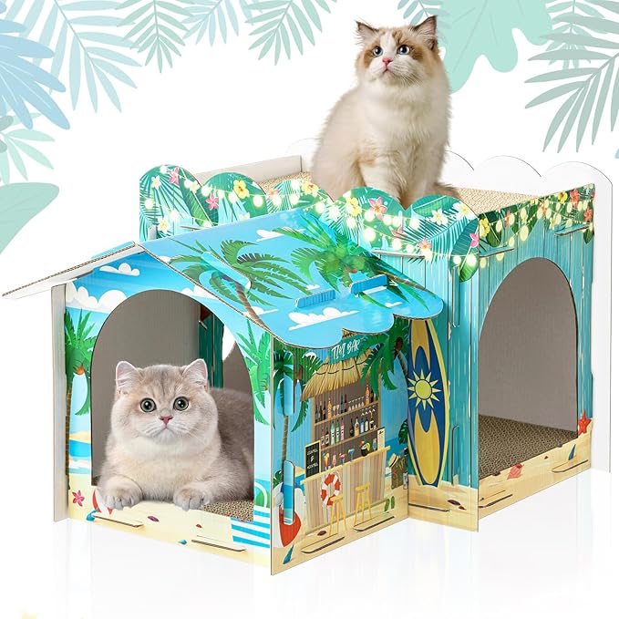 2 Story Cardboard Cat House with Scratcher Pad for Small Kitten,17x12x10 Multi Level Durable Cat Condo & Villa for Bunny Rabbit Small Animals Christmas Birthday Gift(17x12x10,Hawaii)
