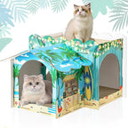 2 Story Cardboard Cat House with Scratcher Pad for Small Kitten,17x12x10 Multi Level Durable Cat Condo & Villa for Bunny Rabbit Small Animals Christmas Birthday Gift(17x12x10,Hawaii)