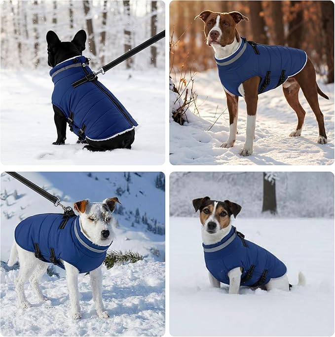 Mklhgty Large Dog Coat with Harness Built-in, Waterproof Reflective Fleece Lined - Warm Windproof Winter Jacket with Back Zipper, Cold Weather Snow Dog Coats - Blue - XL