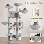 Tall Cat Tree, Large Cat Tower for Adult Cats, 80.7'' (205cm) Heavy-Duty Cat Tree House for Indoor Cats 20 lbs+ with Scratching Posts, 2 Top Perches/Condos, Hammcok, Light Gray GCT034W