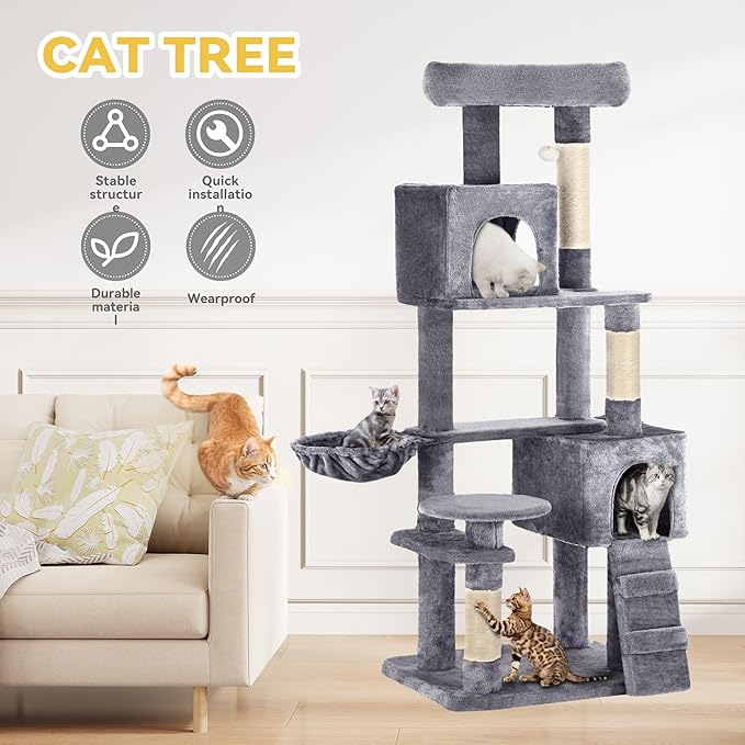DWVO Light Gray Cat Tree Tower 70.8in for Indoor Cats: Multi-Tiered Feline Furnishing with Snug Cat Bed, Scratch Poles, Feline Window Cushioned Plush Roost for Young Cats Animal Activity Center