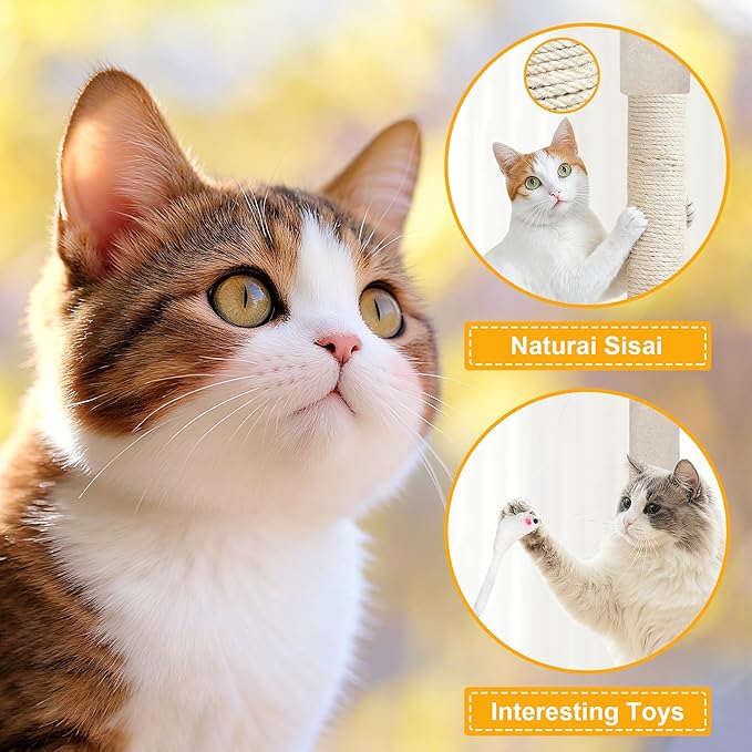 BLKMTY 36" Cat Tree Tall Cat Tower for Indoor Cats Condo Climber with Scratching Post, Climbing Stand, Plush Top Perch and Mouse Toy Cats Playhouse Kitty Activity Trees with Hammock, Beige