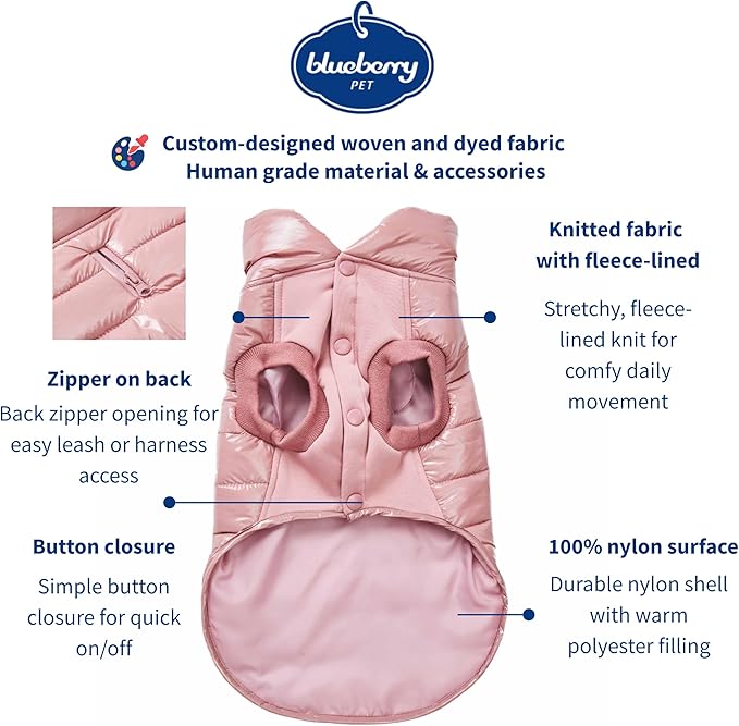 Blueberry Pet Cozy Mauve Pink Puffer Jacket – Windproof Quilted Winter Coat for Small Dogs, Size 10 (12.5" Back Length), Warm Outdoor Accessories