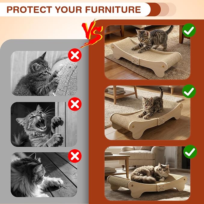 NOCOEX Sisal Cat Scratcher Bed: Cat Scratch Pad Hammock for Indoor Cats Lounger & Scratch & Sleep - Large Sturdy Natural Solid Wood Frame Cats Scratching Board Post for Modern Furniture Protector
