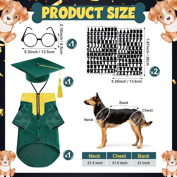 5 Pcs Dog Graduation Costume Set Include 2026 Pet Graduation Gown with Stole Puppy Grad Cap Lensless Glasses DIY Letter Stickers for Dogs Cats Holiday Costume Accessory(Green Yellow,XL)