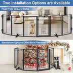 Metal Free Standing Dog Gate with Cat Door for Indoor/Outdoor,120" Extra Wide Foldable Pet Gate,32" Tall Foldable Indoor Dog Fence for Large Openings Stairs,Deck,Yard,Doorways(6 Panels,Black)
