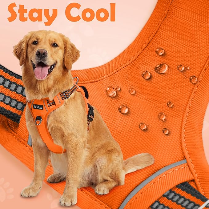 Funfox Dog Harness No Pull, Adjustable Pet Vest Harness, Super Soft Material with Vertical Handle Easy Control, Reflective Night Walking, 2 Leash Clips for XLarge Dogs, Orange, XL