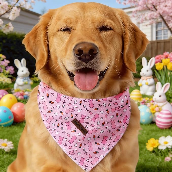 Elegant little tail Easter Dog Bandana, Bunny with Flower 1PC Washable Dog Scarf Female or Male Square Bib Kerchief Scarf Adjustable Pet Bandana for Medium Large Dogs