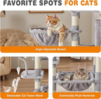 71in Extra Large Cat Tree Tower, Multi-Level Tall Cat Tower with Scratching Post/Hammock/Plush Condo/Pompoms/Wide Base, Heavy Duty Cats Tree for 20lb+ Large Adult Cats/Kittens, Light Grey