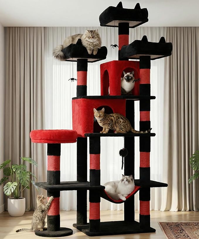 Heavy Duty Cat Tree for Indoor Cat, 71 Inch Large Cat Tower with Scratching Post and Top Perch, Hammock, Big Cat Condo for Adult Cats Kittens, PMT03RD, Black Red