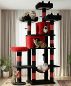 Heavy Duty Cat Tree for Indoor Cat, 71 Inch Large Cat Tower with Scratching Post and Top Perch, Hammock, Big Cat Condo for Adult Cats Kittens, PMT03RD, Black Red