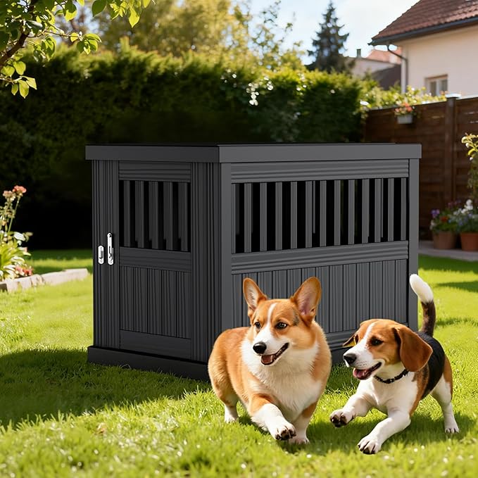 Indoor/Outdoor Dog House, Waterproof Durable Plastic with Locking Door, Ventilation and Raised Floor Design, Easy Assembly, Suitable for Small to Medium Dogs, Gray, 29.65”x 21.34” x 25.28”