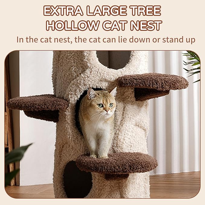 RPZ 54.7" Luxury Solid Wood Cat Tree for Small to Medium Cats – Natural Wood Scratching Post with Real Branch, Cozy Hideout, Multiple Platforms & Elevated Perches – Ideal for 1-5 Cats, Brown & Beige