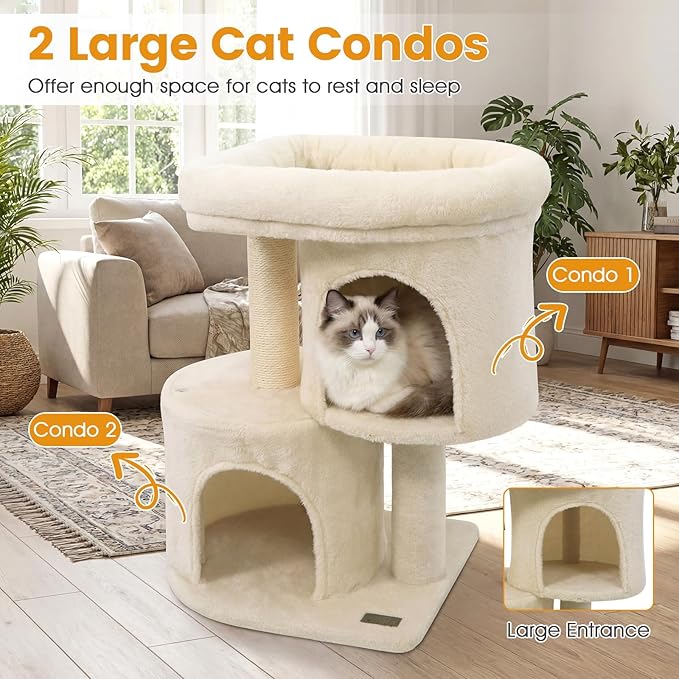 PETSITE 26-inch Small Cat Tree, with Sisal Scratching Post, Double Comfy Condos, and Spacious Top Perch, Ideal for Indoor Cats and Kittens (Beige)