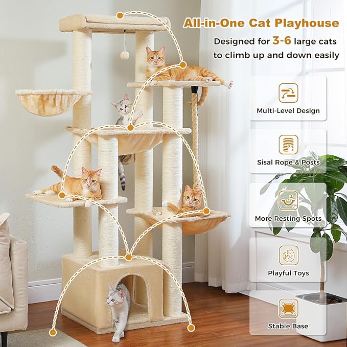 PETEPELA 67" XXL Cat Tree for Large Cats up to 25 lbs, Heavy Duty Cat Tower w/13 Extra-Thick Sisal Scratching Posts [φ4.3”], Cat Furniture with Metal Frame Hammock & XL Condo for Maine Coon, Beige