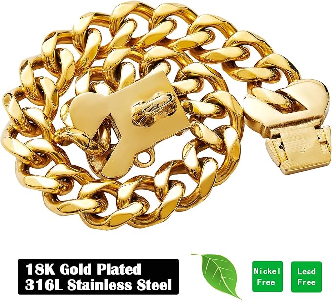 Strong Gold Dog Collar,Heavy Duty Chew Proof Thick Cuban Link Chain Fashion Necklace Collar for Medium Dogs(Long 18'',Width 0.75'')