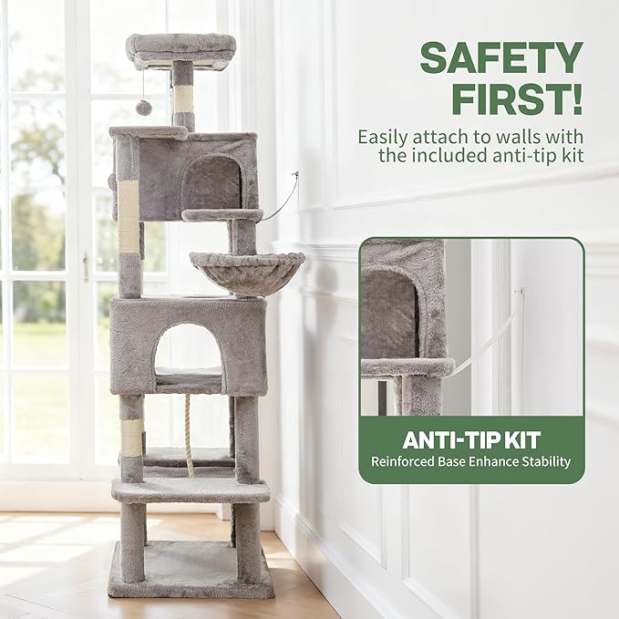 Cat Tree for Indoor Cats, 66 Inches Cat Tower with Scratching Post, Multi-Level Climbing Tree Cat House Padded Plush Perch, Cat Condo Activity Center with Pompoms, Kittens Pet Play House, Light Gray