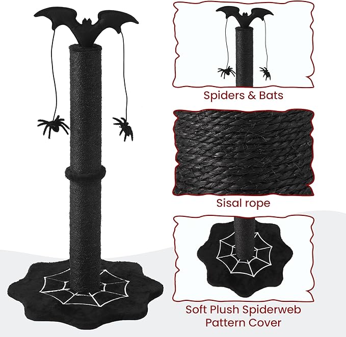 Gothic Cat Scratching Post with Spider Dangling Toys for Indoor Cats, Sisal Scratch Pole, Durable Monster-Themed Scratch Post, Suitable for Kittens and Large Cats, Black