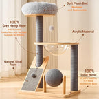 HITTITE Solid Wood Cat Tree Tower with Scratching Post, 37.8 Inches Tall Cat Towers with Scratching Board and Scratcher Ball, Modern Cat Tower With Space Capsule and Removable Top Bed for Indoor Cats.