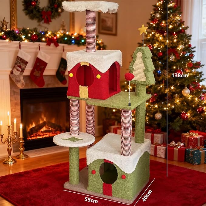 Christmas Cat Tree, 54" Tall Multi-Level Cat Proof Tower with Cat Condos, Top Perches, Sisal Scratching Posts and Board, Kittens Play Activity Center for Indoor Cats, Red/Green (54")
