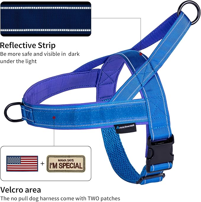 Annchwool No Pull Dog Harness with Soft Padded Handle,Reflective Strip Escape Proof and Quick Fit to Adjust Dog Harness,Easy for Training Walking for Small & Medium and Large Dogs(Blue,L)