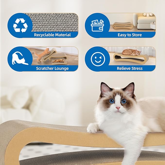 Simple Delxue 3 in 1 Large Cardboard Cat Scratcher Lounger Cat, 33.5"x10.2"x10.2" Cat Scratching Board, 100% Recyclable & Reversible Horizontal Scratching Pads, Infinity Shape, X-Large